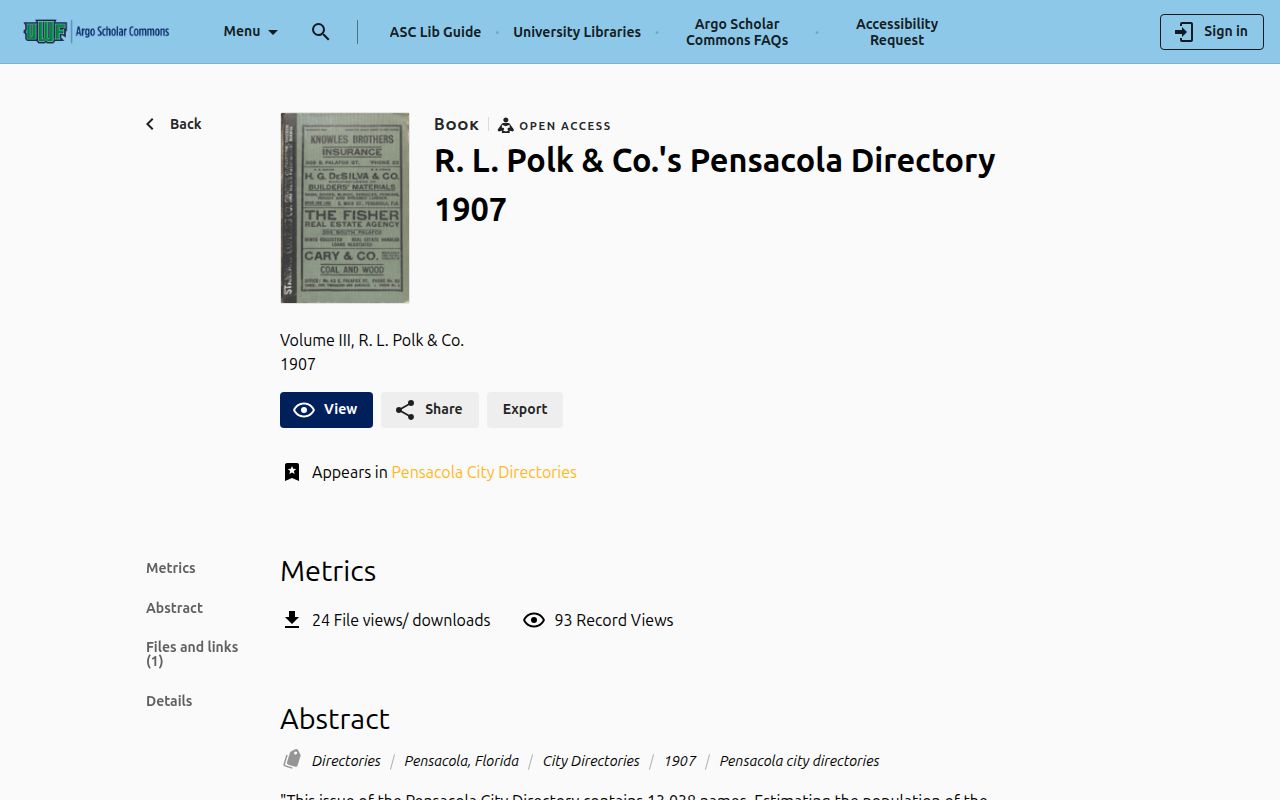 UWF digital record for the 1907 R. L. Polk Pensacola directory