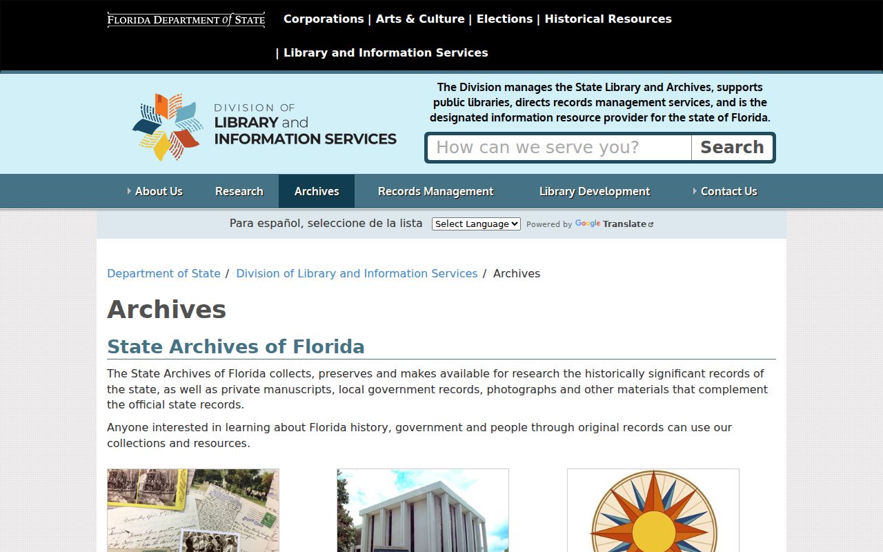 Florida State Archives catalog and research access