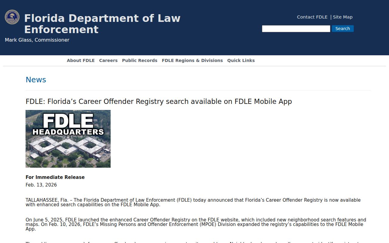 FDLE announcement for an official Florida registry search