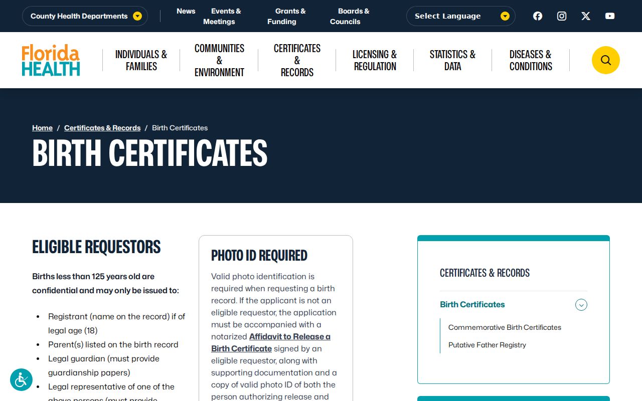 Escambia County previous residents historical birth certificate rules