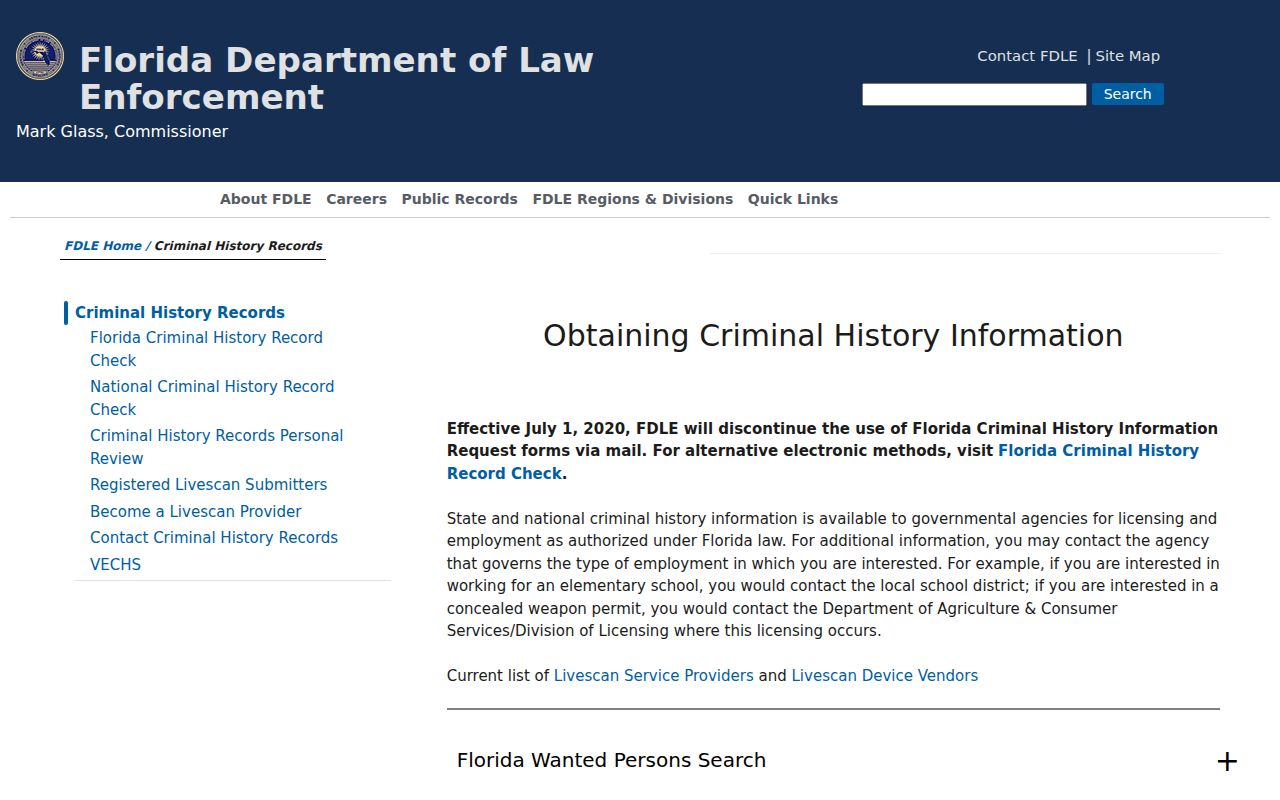 Florida Department of Law Enforcement criminal history records page