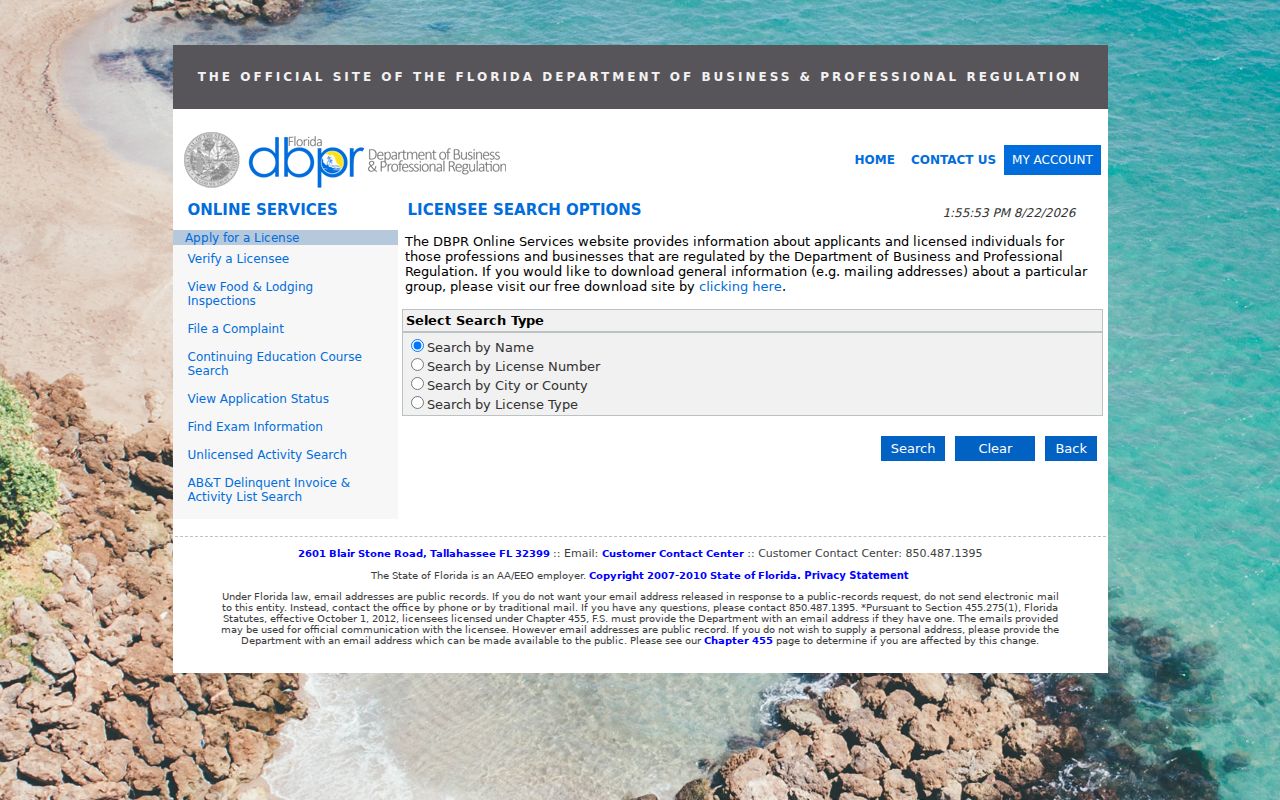 Florida DBPR public license verification form