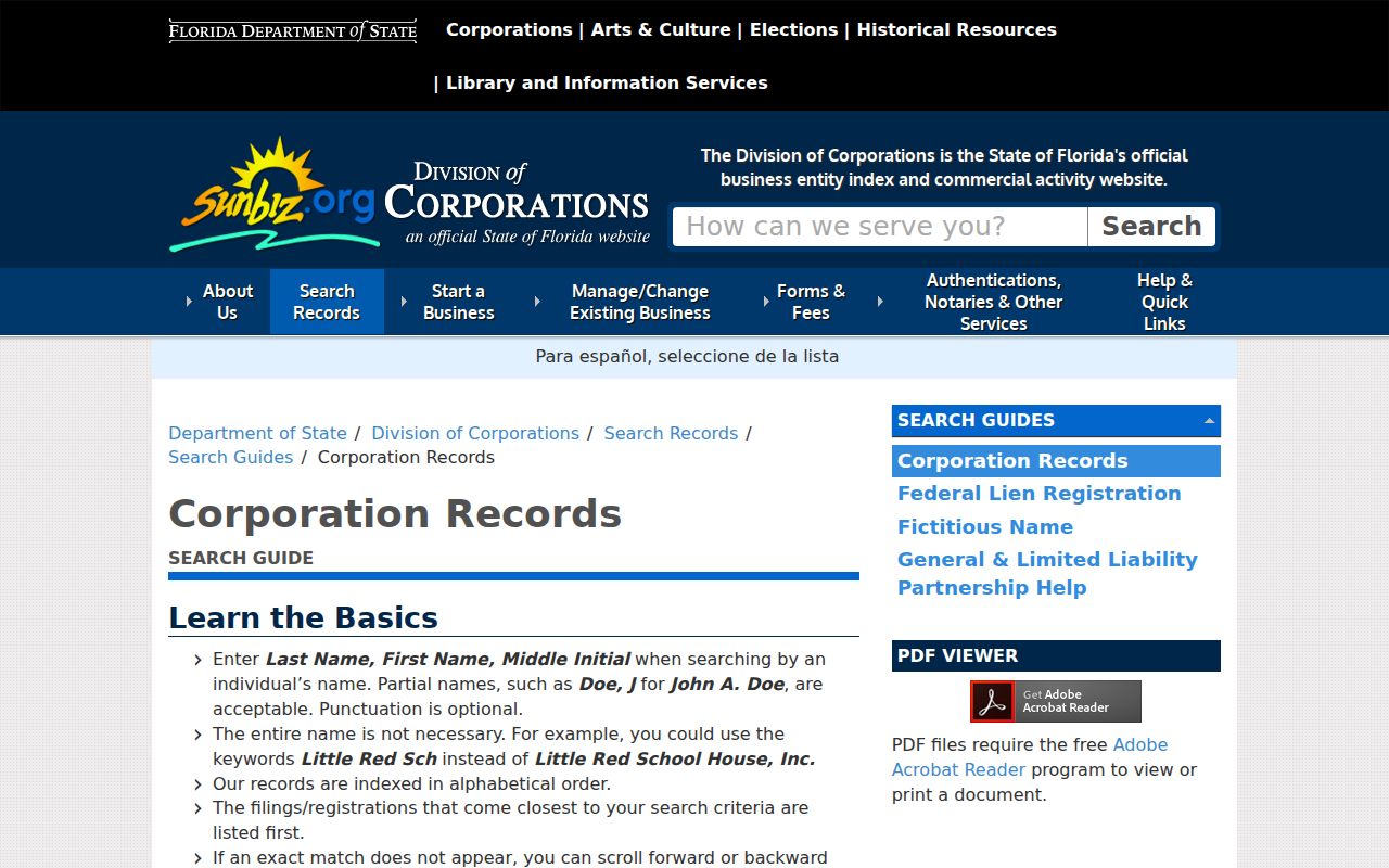 Florida Sunbiz corporation records search guide for ZIP results